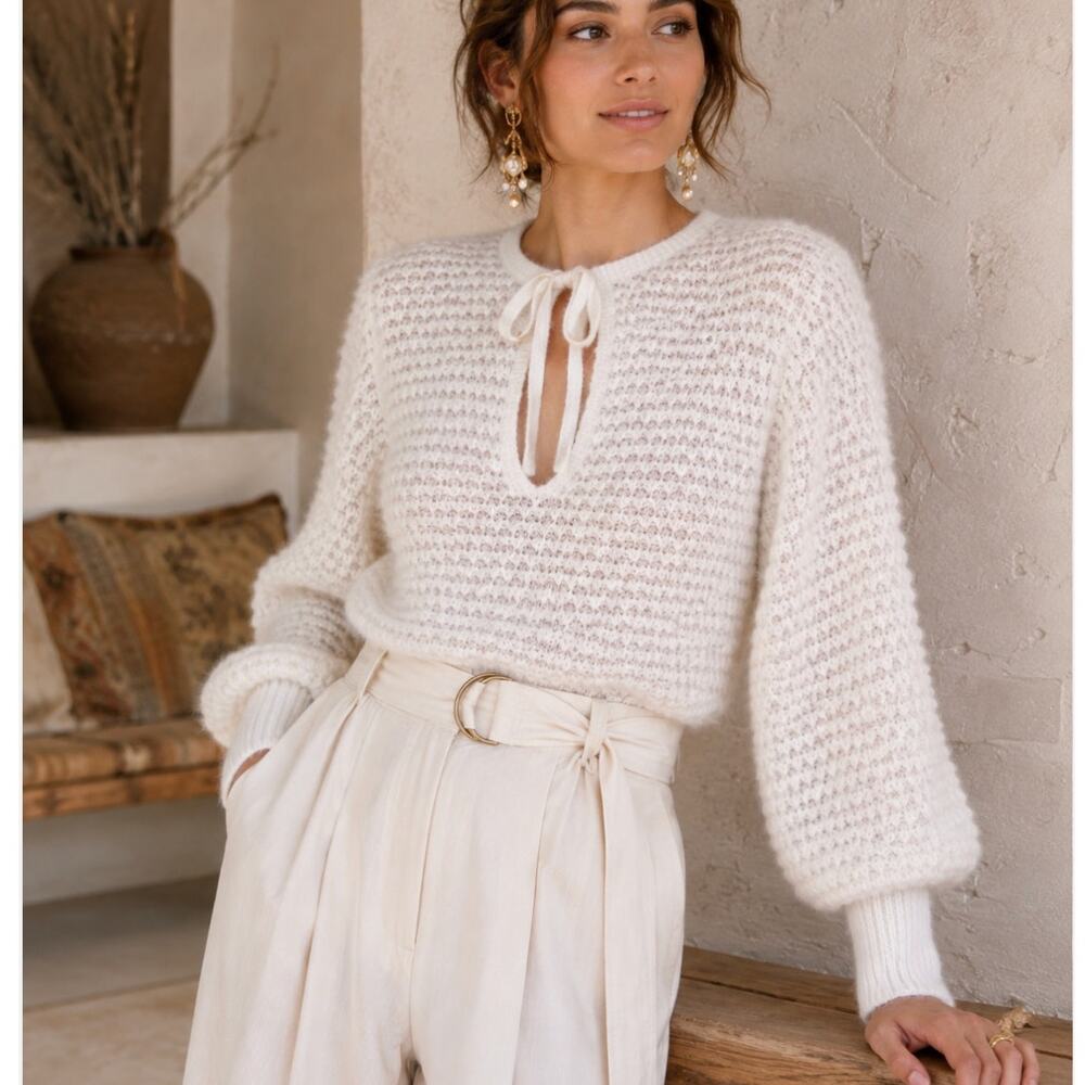 Ulla Johnson Lara Sweater Ivory Alpaca Wool Open Knit Keyhole Tie Size L NWOT